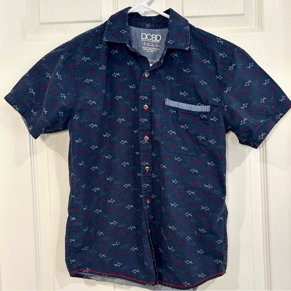 DCBD Boys Shark Shirt Size M Blue Short Sleeve Button Up Cotton Nautical Preppy - Picture 6 of 11